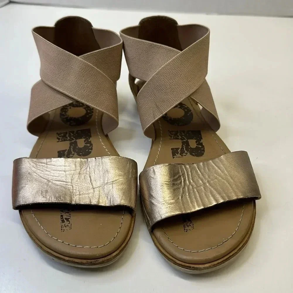 Sorel Ella Sandals Flats Leather Shoes Crisscross Strap Gold Brown Size 7.5